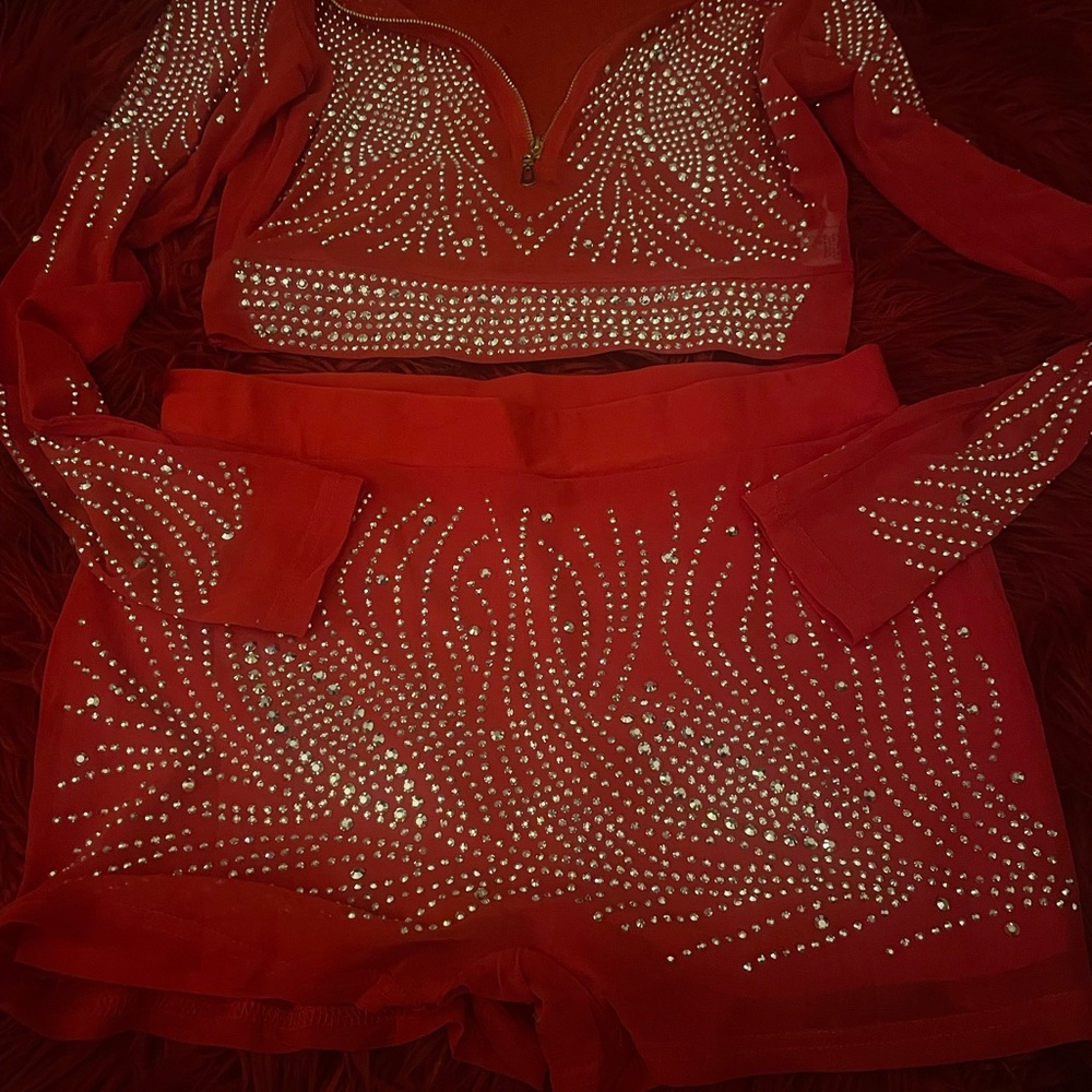 Red Rhinestone Embellished Two-Piece Set